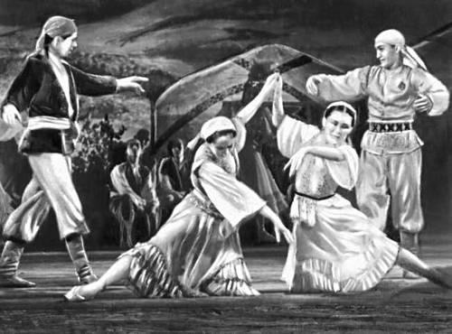 Сцены из спектаклей Казахского театра оперы и балета им. Абая. Балет «Дорогой дружбы» Н. А. Тлендиева, Л. Б. Степанова и Е. В. Манаева. 1958.